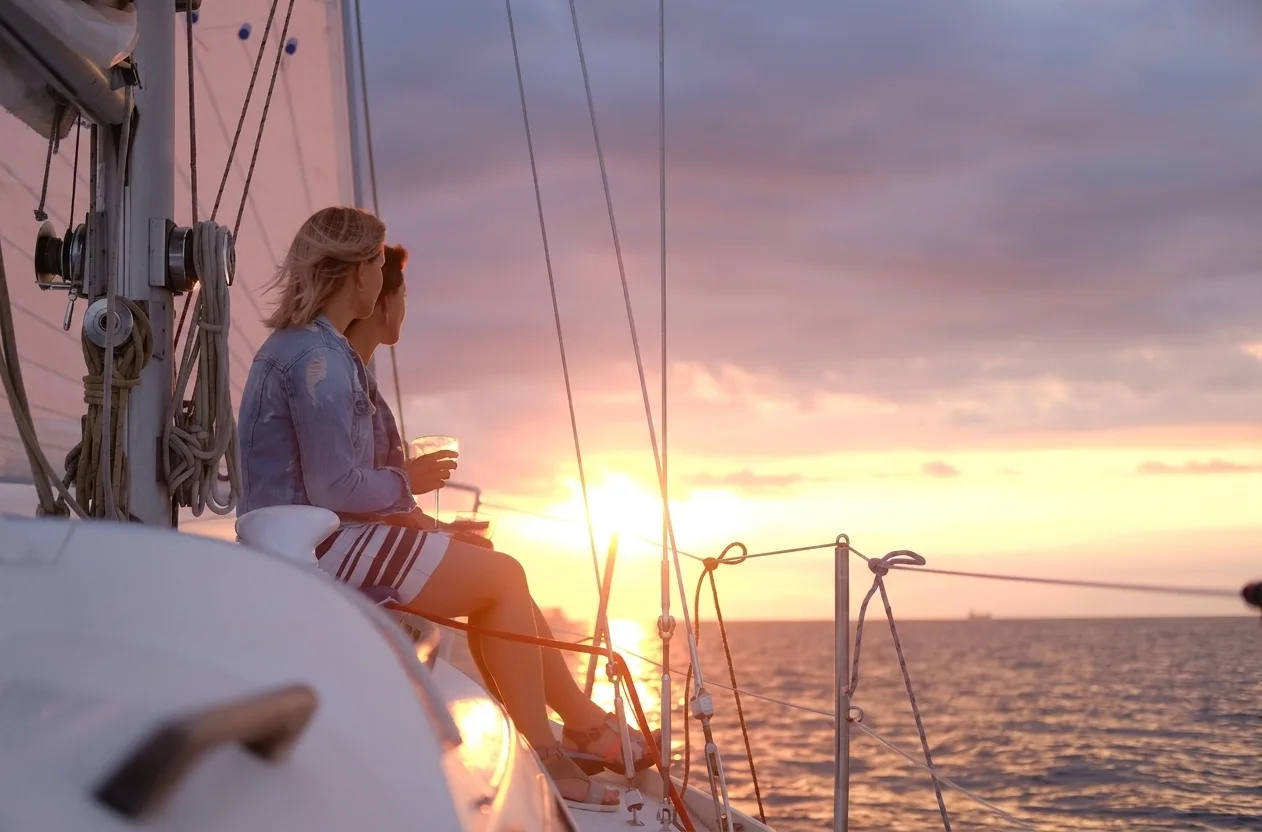 Couple watching the sunset from the deck of a sailboat