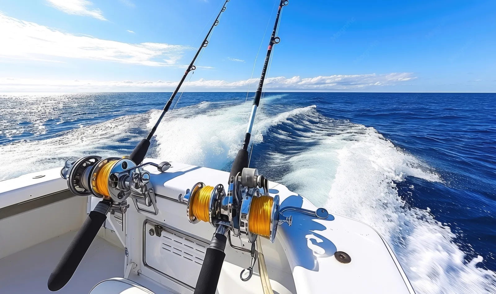 Deep-sea fishing rods set off the back of a charter boat