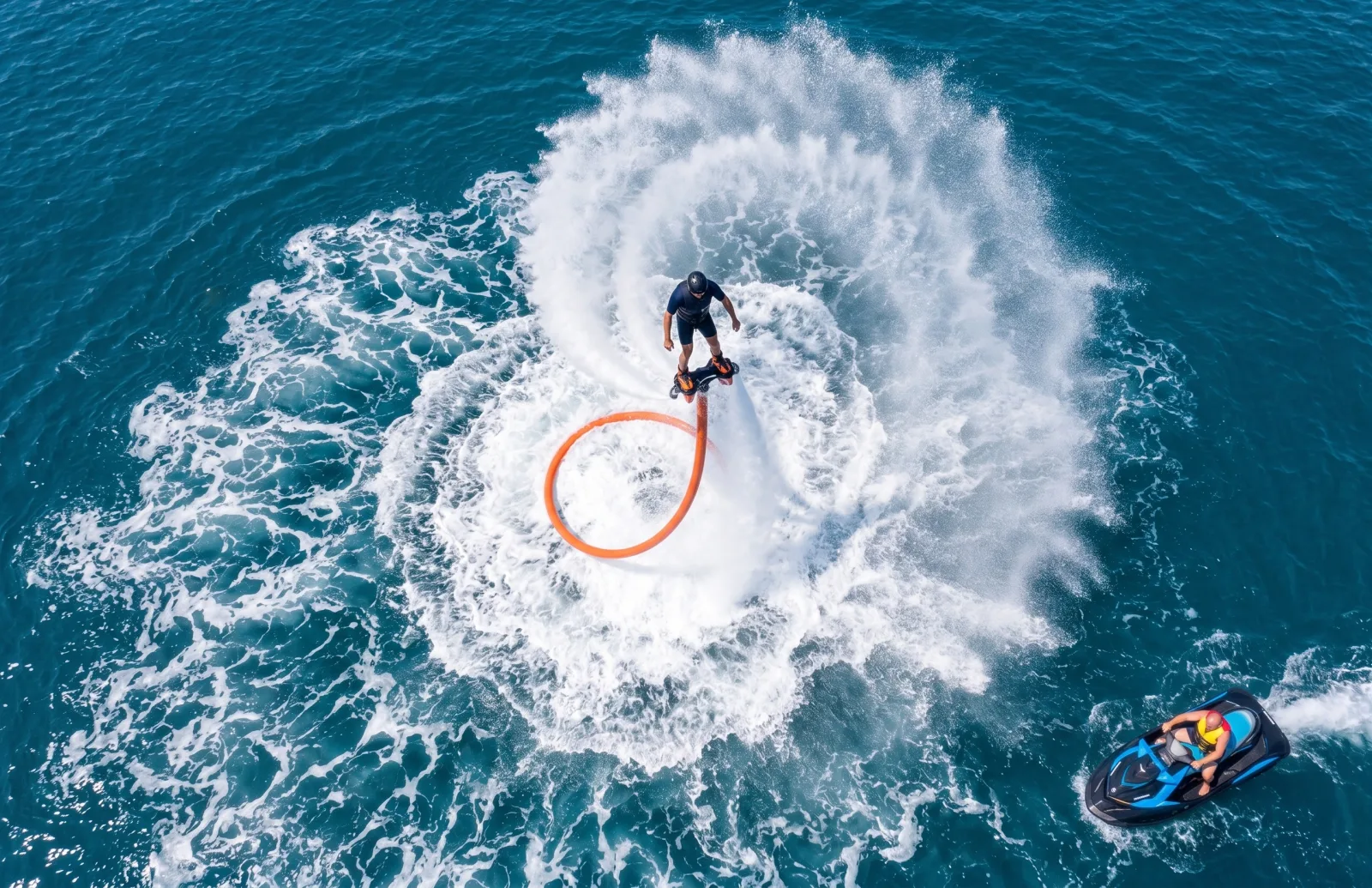 Flyboarder hovering above the sea on a jet of water