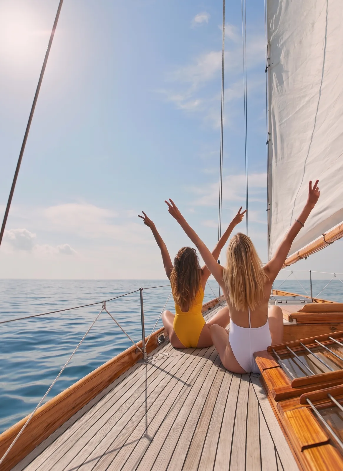 Two friends throwing their arms up on the deck of a yacht