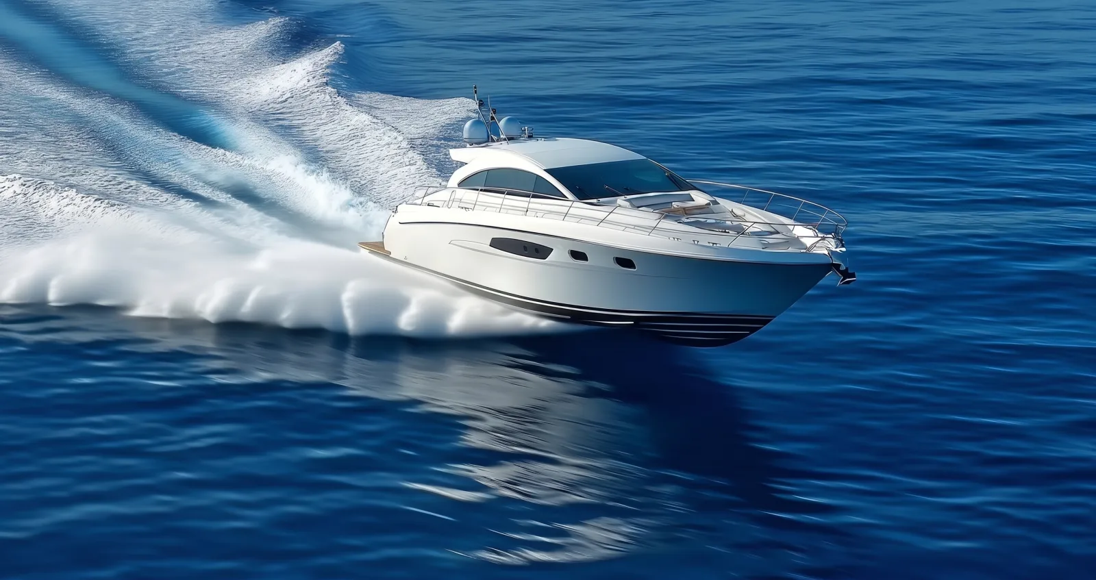 Sleek white motor yacht cruising across open blue water