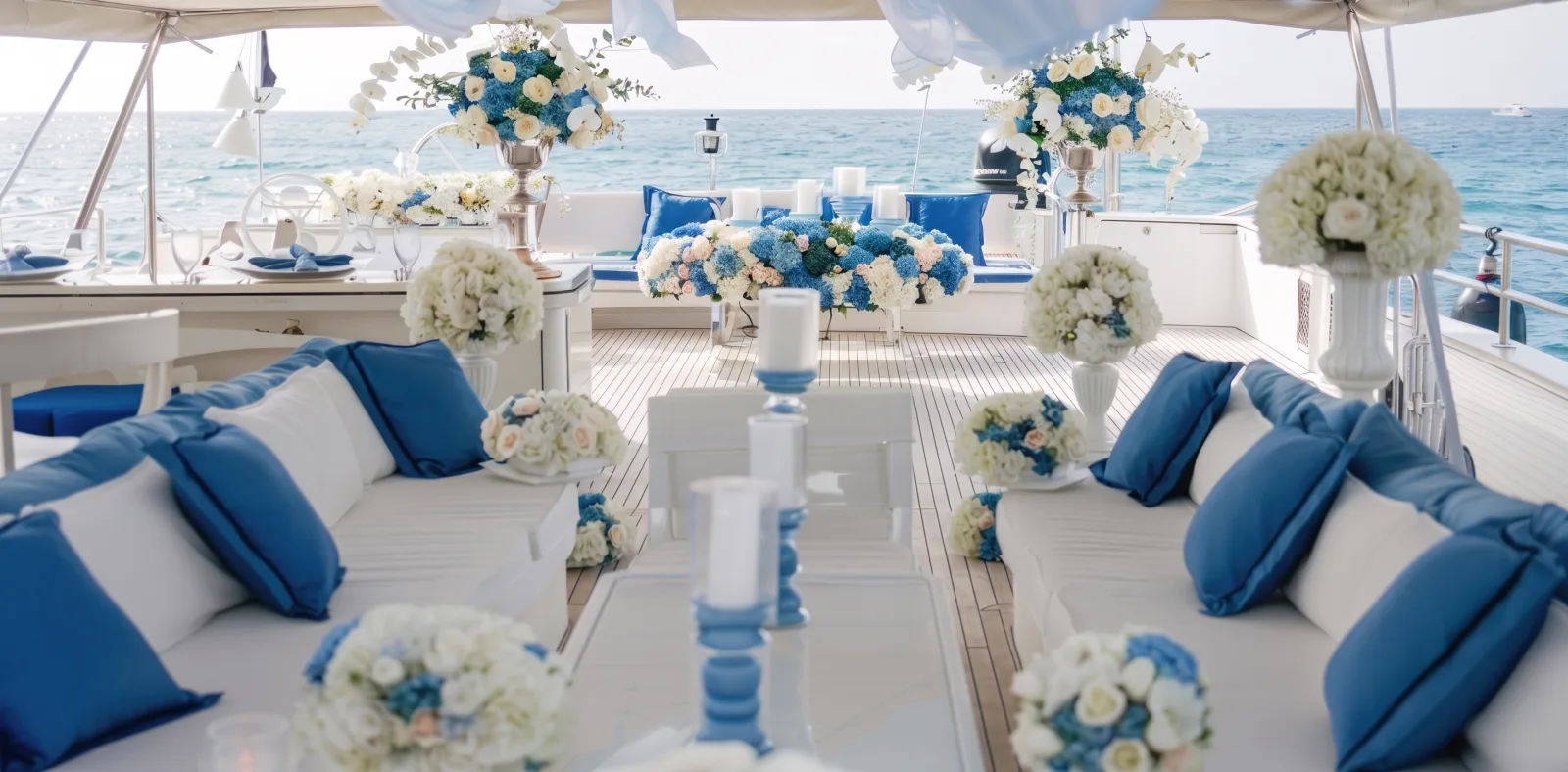 Elegant floral table setting on a yacht deck for an event